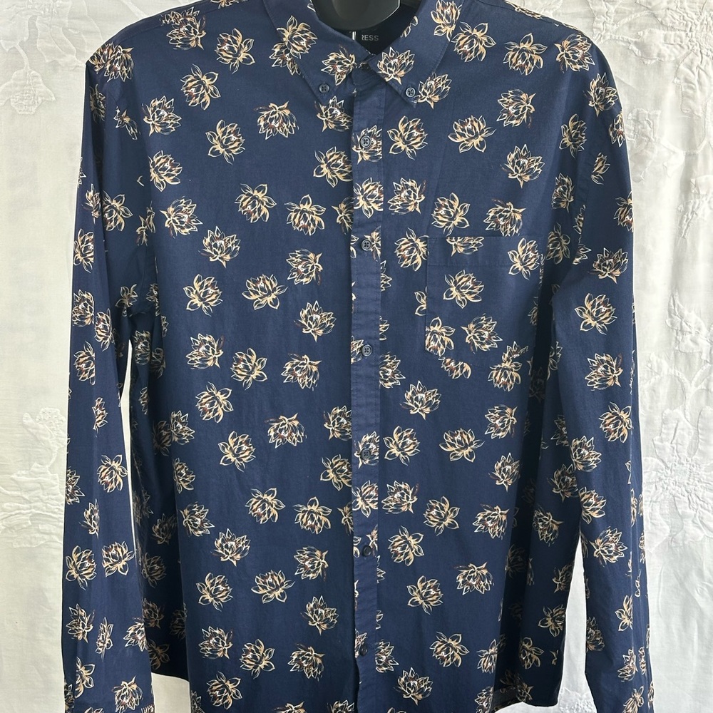 Express Navy Floral Button-Up Shirt | Long Sleeve | Stretch Cotton | Men’s XL